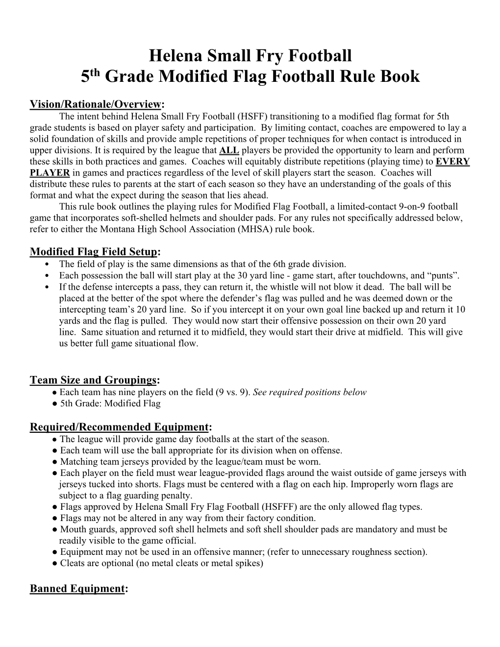 Helena Small Fry Football 5Th Grade Modified Flag Football Rule Book