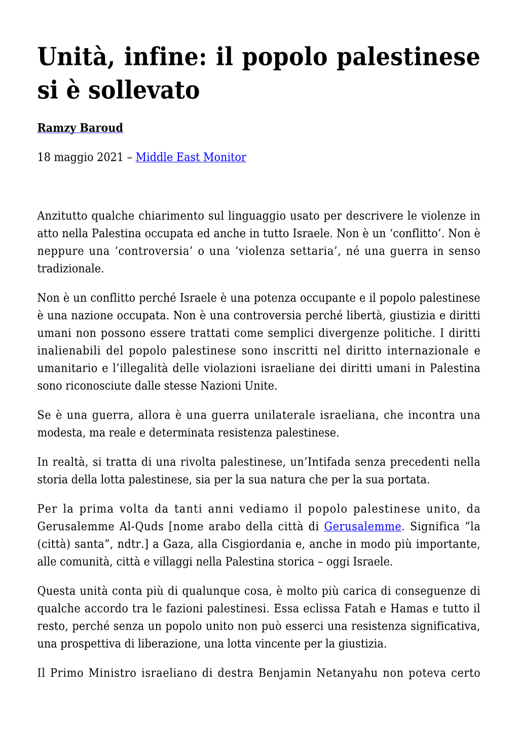 Unità, Infine: Il Popolo Palestinese Si È Sollevato,Il Mio Primo