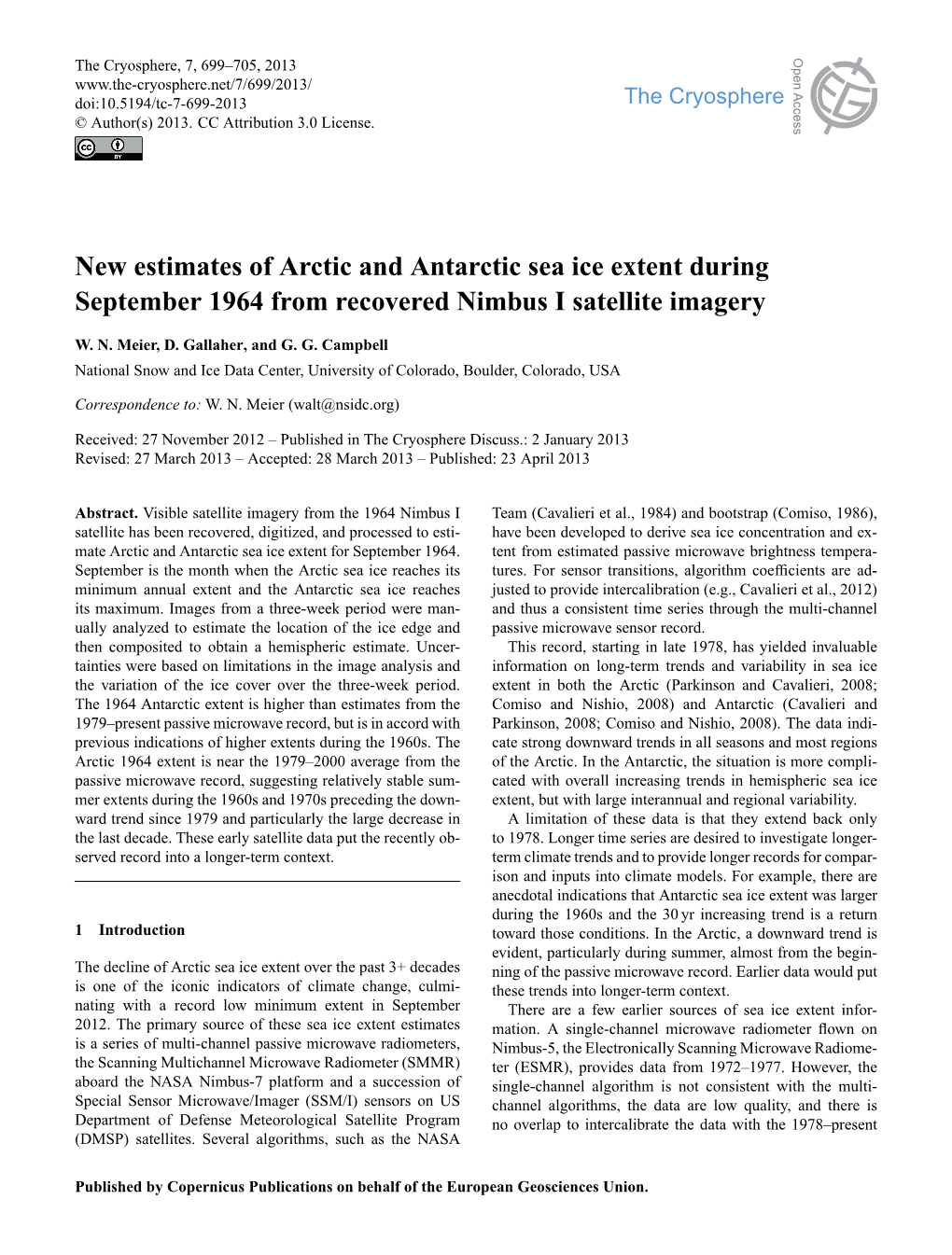 New Estimates of Arctic and Antarctic Sea Ice Extent During September 1964 from Recovered Nimbus I Satellite Imagery