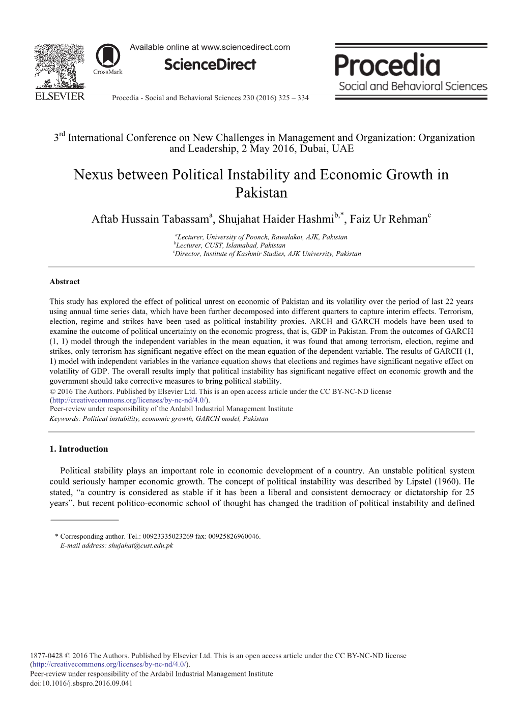 Nexus Between Political Instability and Economic Growth in Pakistan