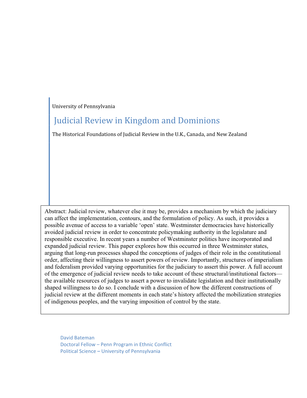 Judicial Review in Kingdom and Dominions the Historical Foundations of Judicial Review in the U.K., Canada, and New Zealand