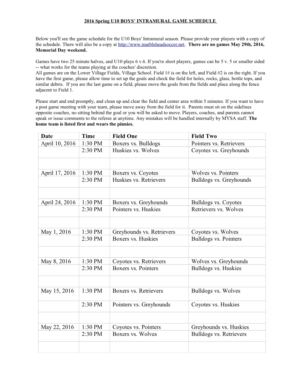 2016 Spring U10 BOYS INTRAMURAL GAME SCHEDULE