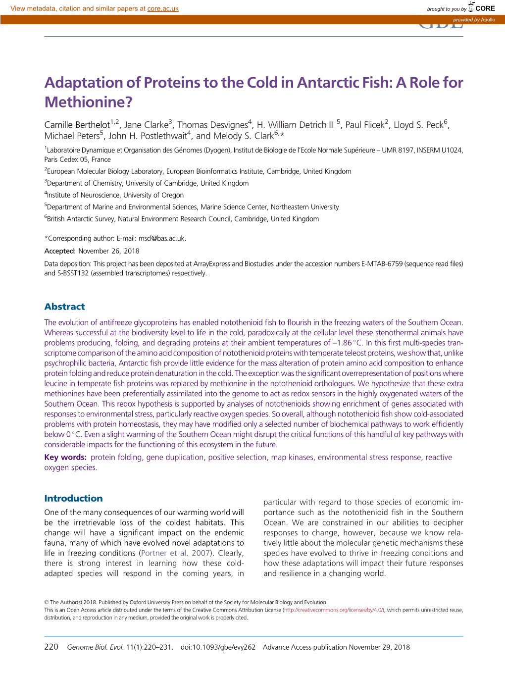 Adaptation of Proteins to the Cold in Antarctic Fish: a Role for Methionine?