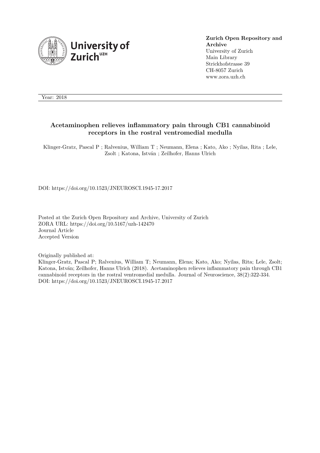 Acetaminophen Relieves Inflammatory Pain Through CB1 Cannabinoid Receptors in the Rostral Ventromedial Medulla