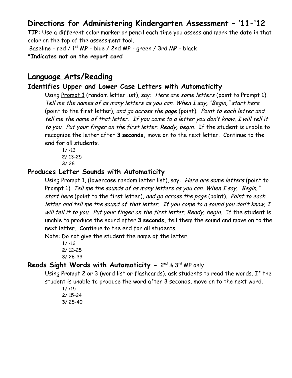 Directions for Administering Kindergarten Assessment