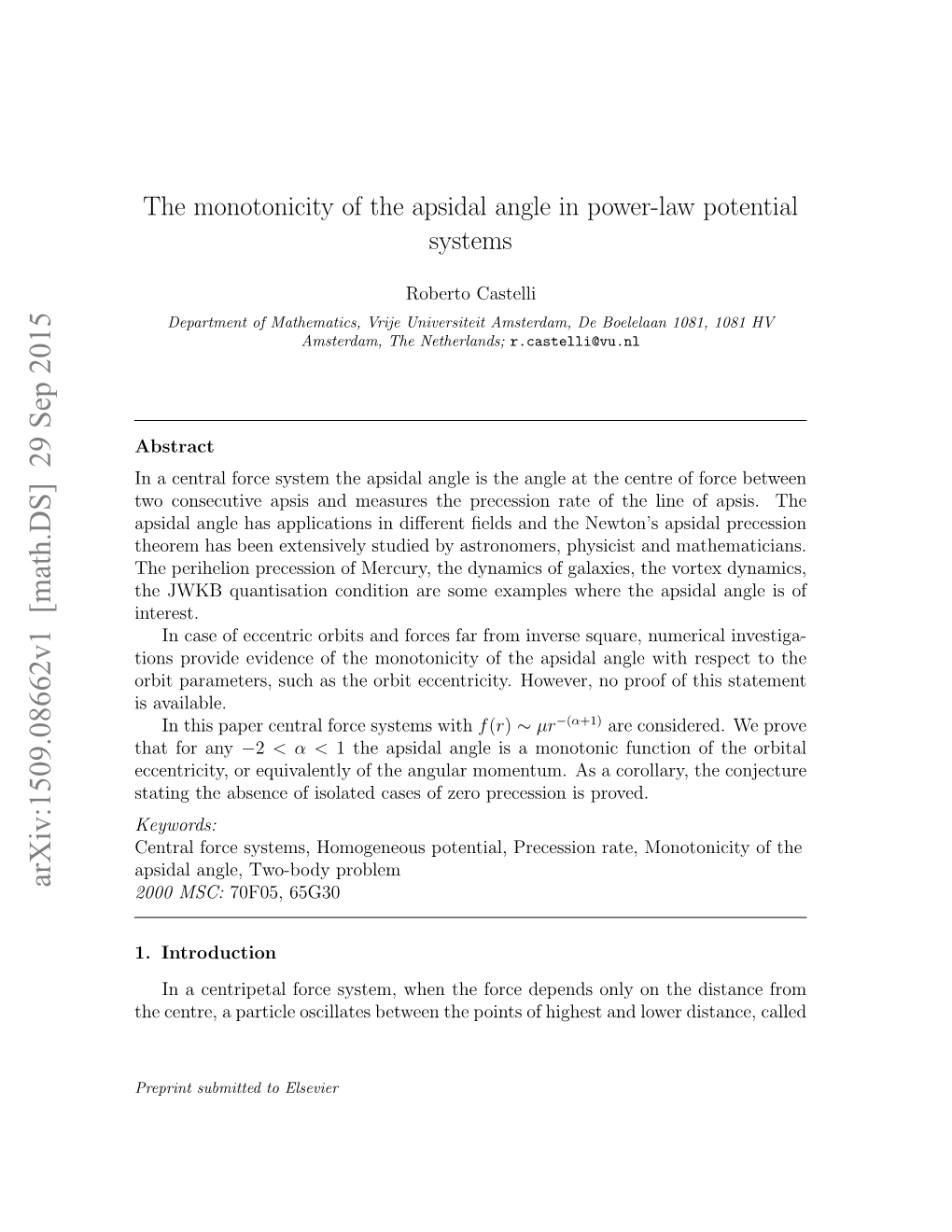 The Monotonicity of the Apsidal Angle in Power-Law Potential Systems