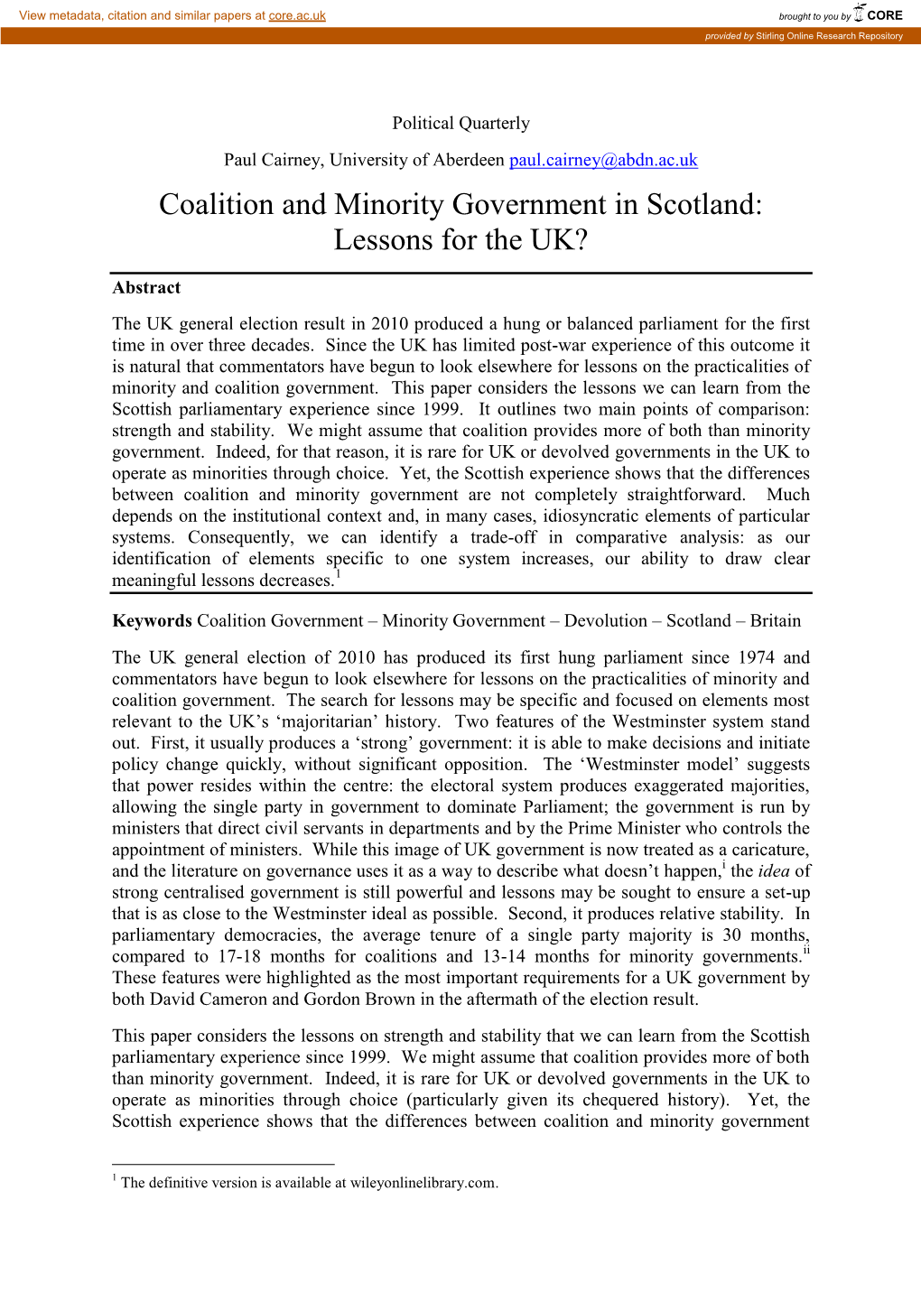 Coalition and Minority Government in Scotland: Lessons for the UK?