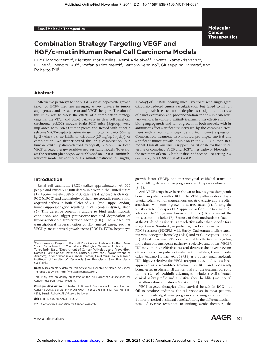 Combination Strategy Targeting VEGF and HGF/C-Met in Human Renal