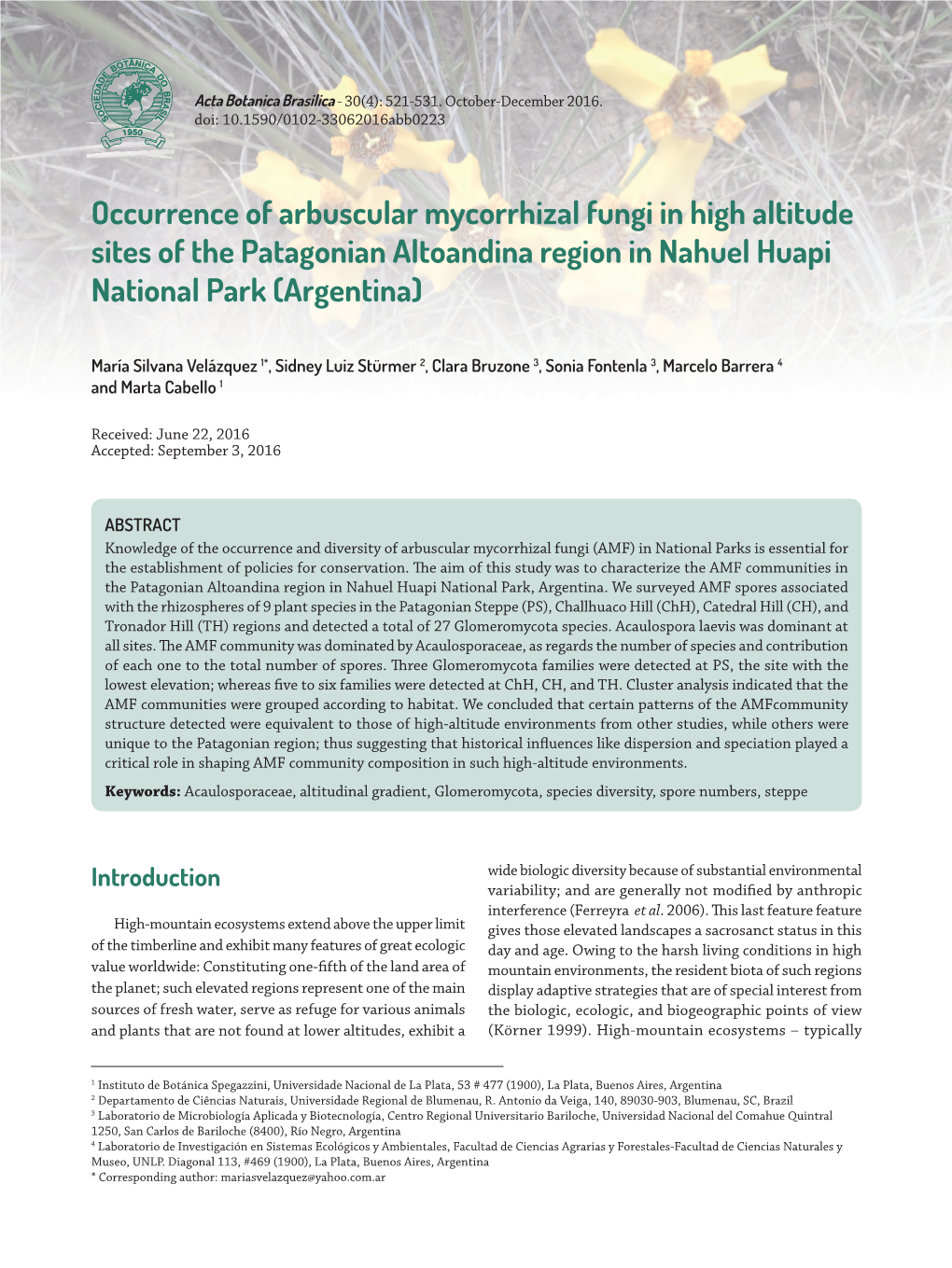 Occurrence of Arbuscular Mycorrhizal Fungi in High Altitude Sites of the Patagonian Altoandina Region in Nahuel Huapi National Park (Argentina)