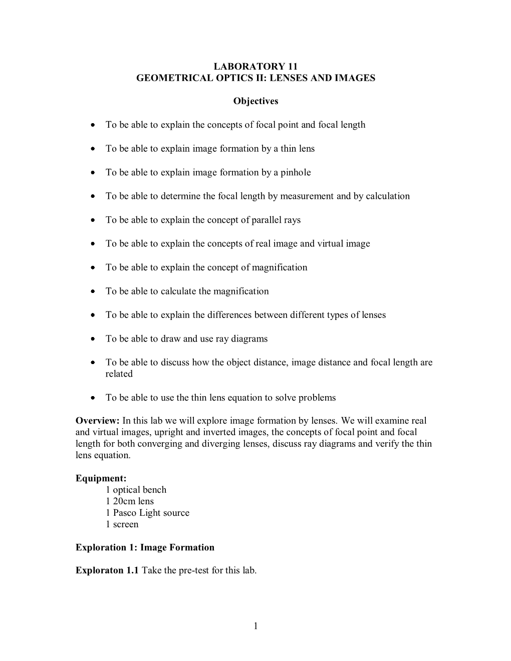 1 Laboratory 11 Geometrical Optics Ii: Lenses and Images