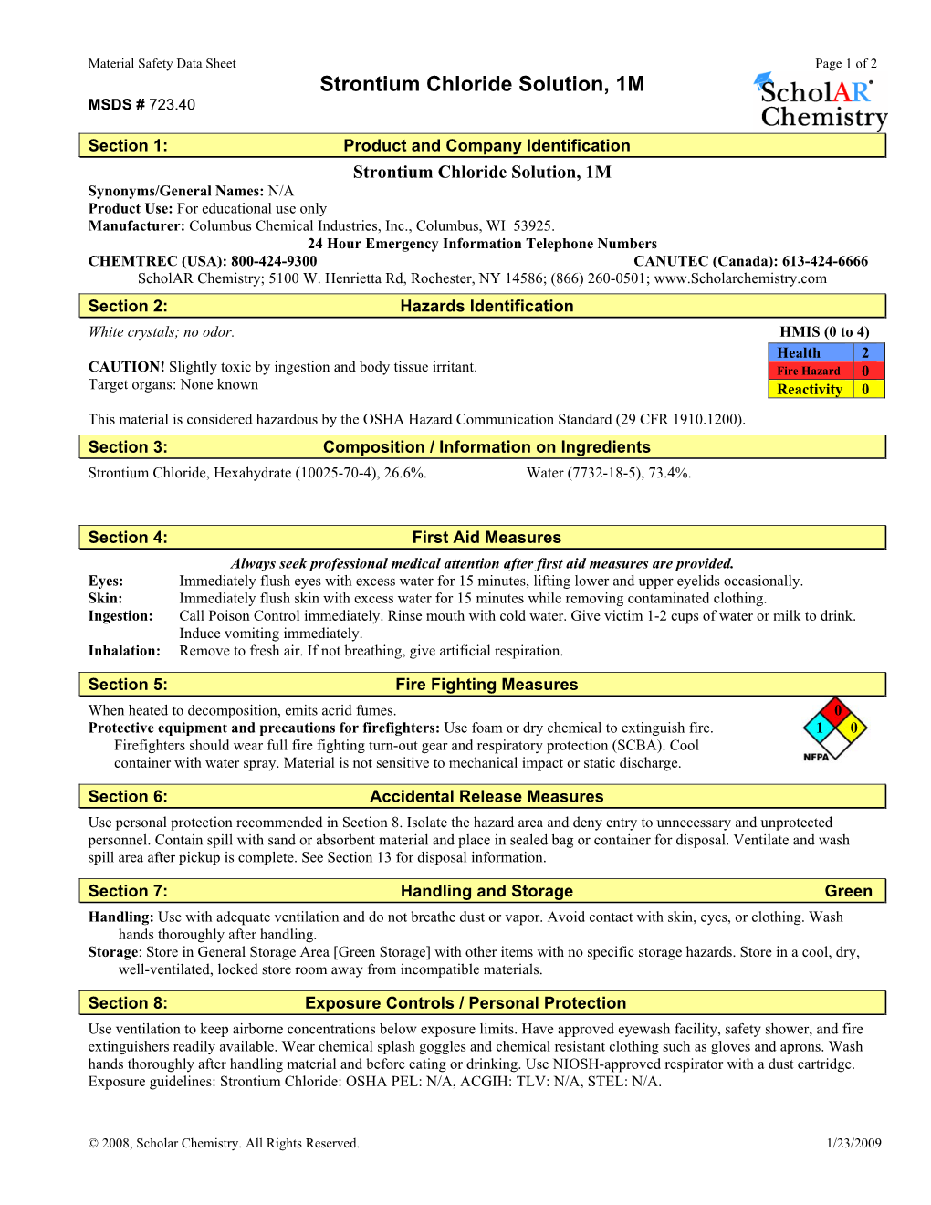 Strontium Chloride Solution, 1M MSDS # 723.40