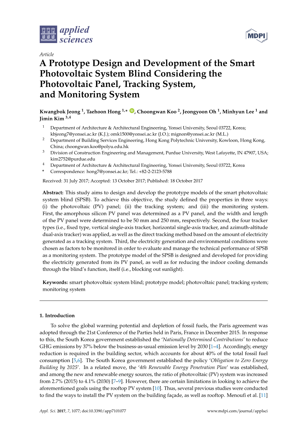 A Prototype Design and Development of the Smart Photovoltaic System Blind Considering the Photovoltaic Panel, Tracking System, and Monitoring System