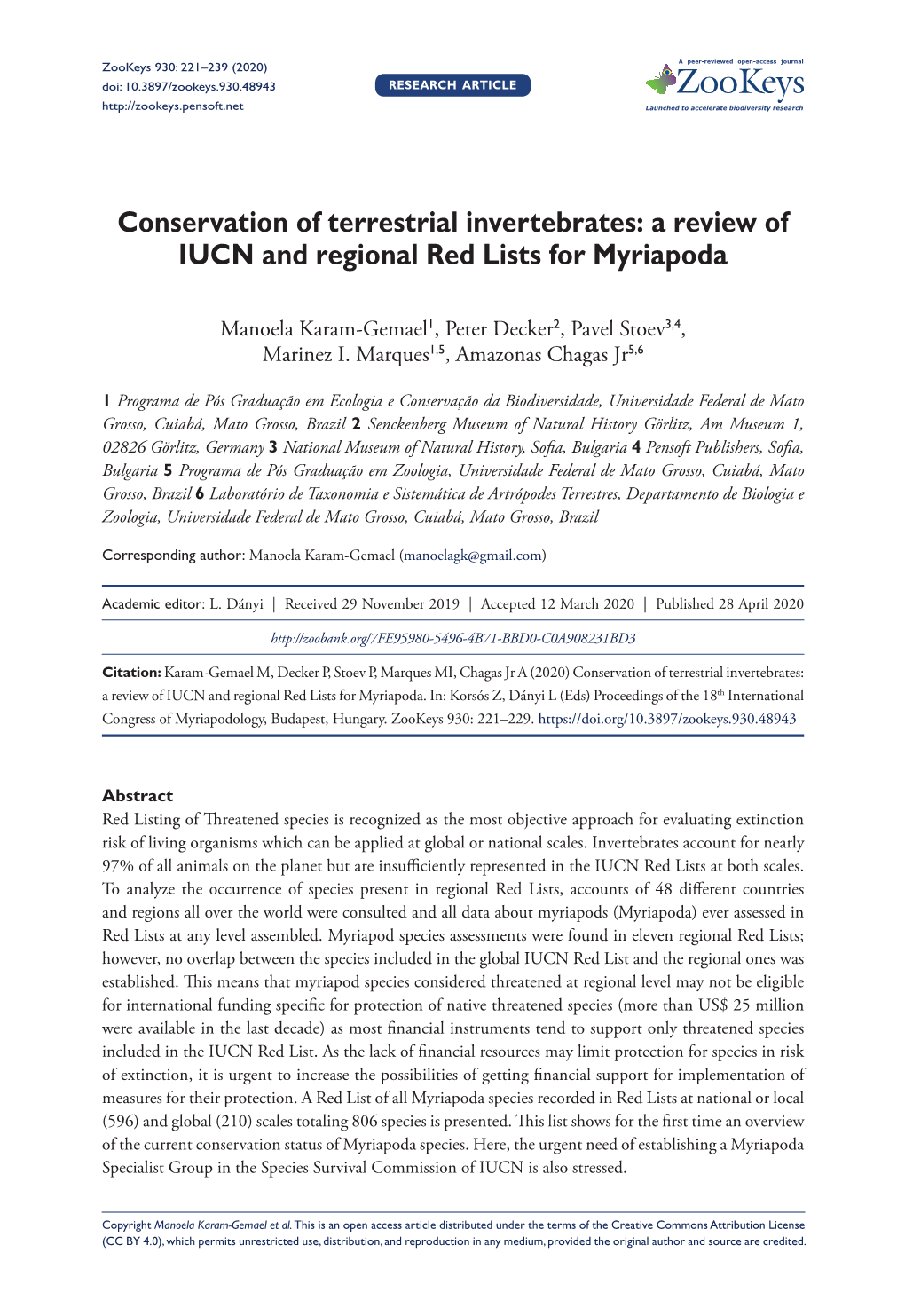 Conservation of Terrestrial Invertebrates: a Review of IUCN and Regional Red Lists for Myriapoda