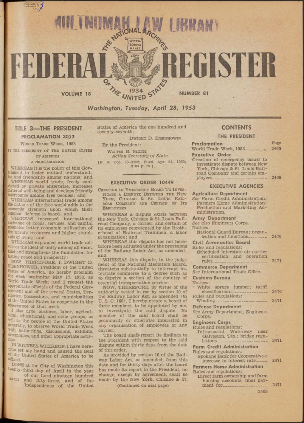 Washington, Tuesday, April 28, 1953 TITLE 3—THE PRESIDENT CONTENTS