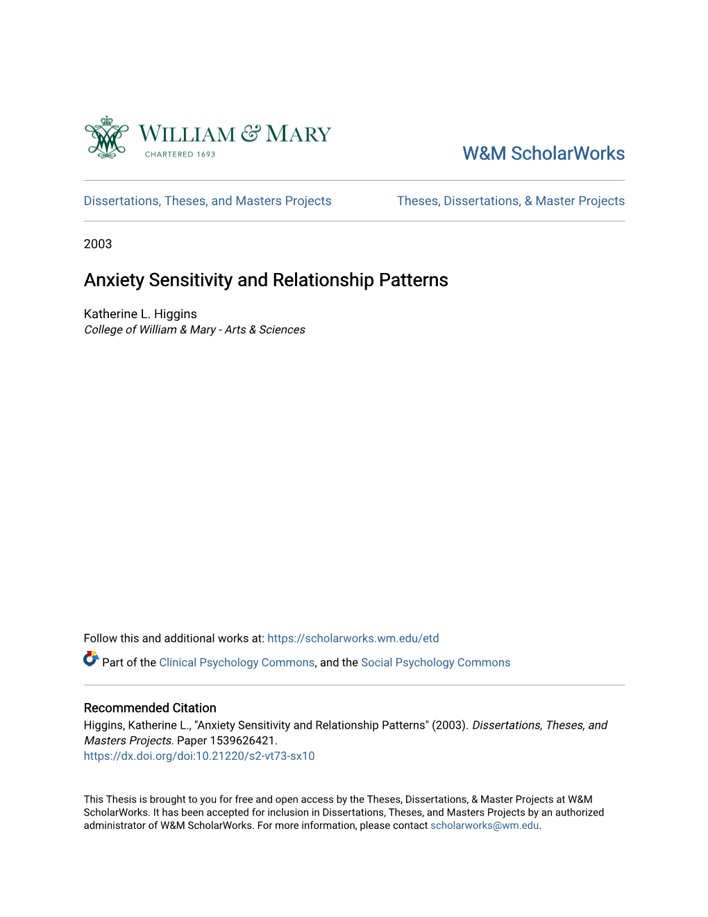 Anxiety Sensitivity and Relationship Patterns