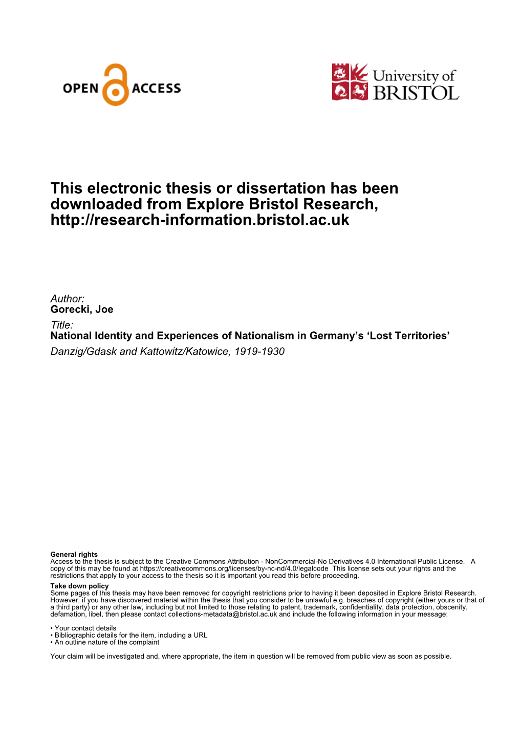 This Electronic Thesis Or Dissertation Has Been Downloaded from Explore Bristol Research