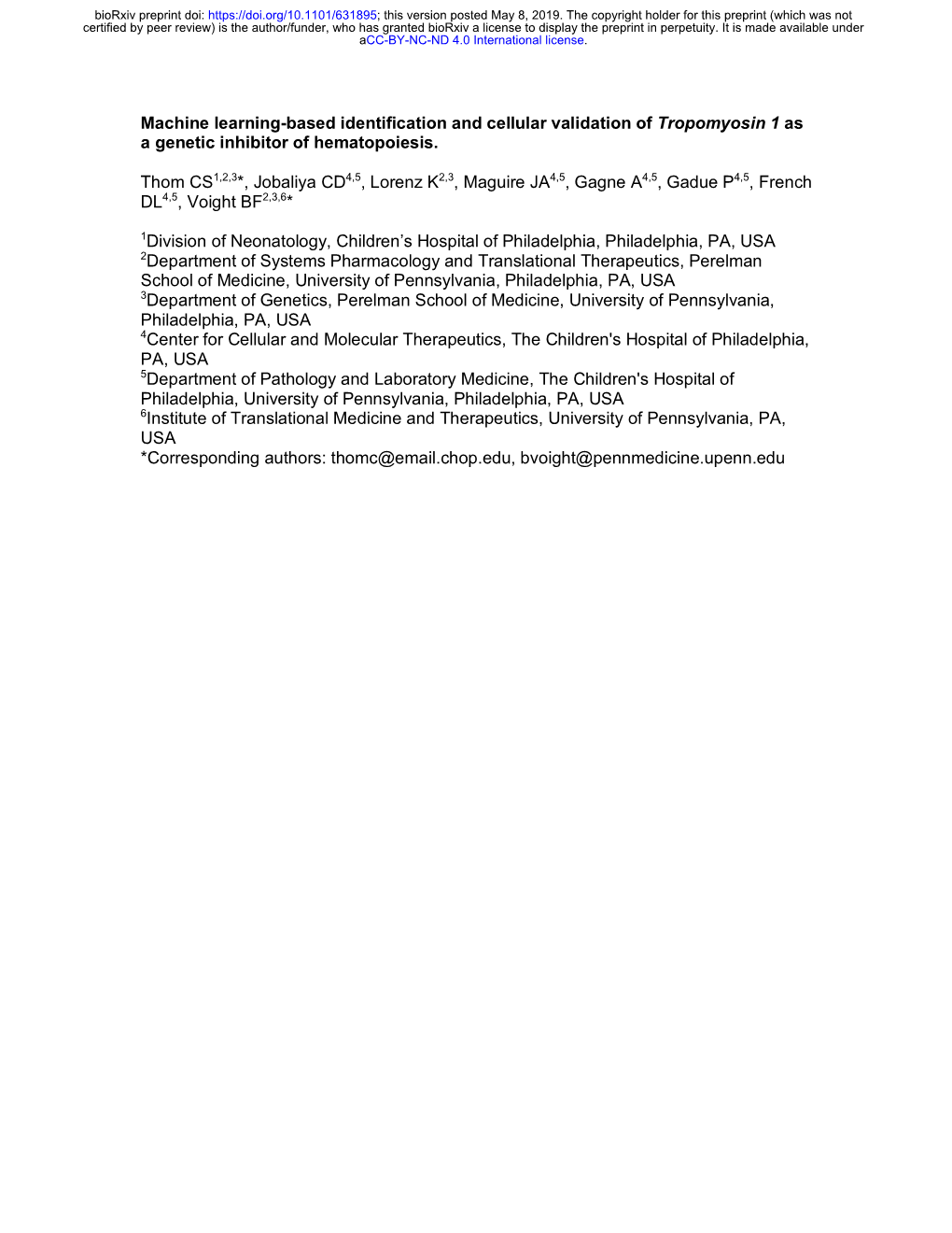 Machine Learning-Based Identification and Cellular Validation of Tropomyosin 1 As a Genetic Inhibitor of Hematopoiesis