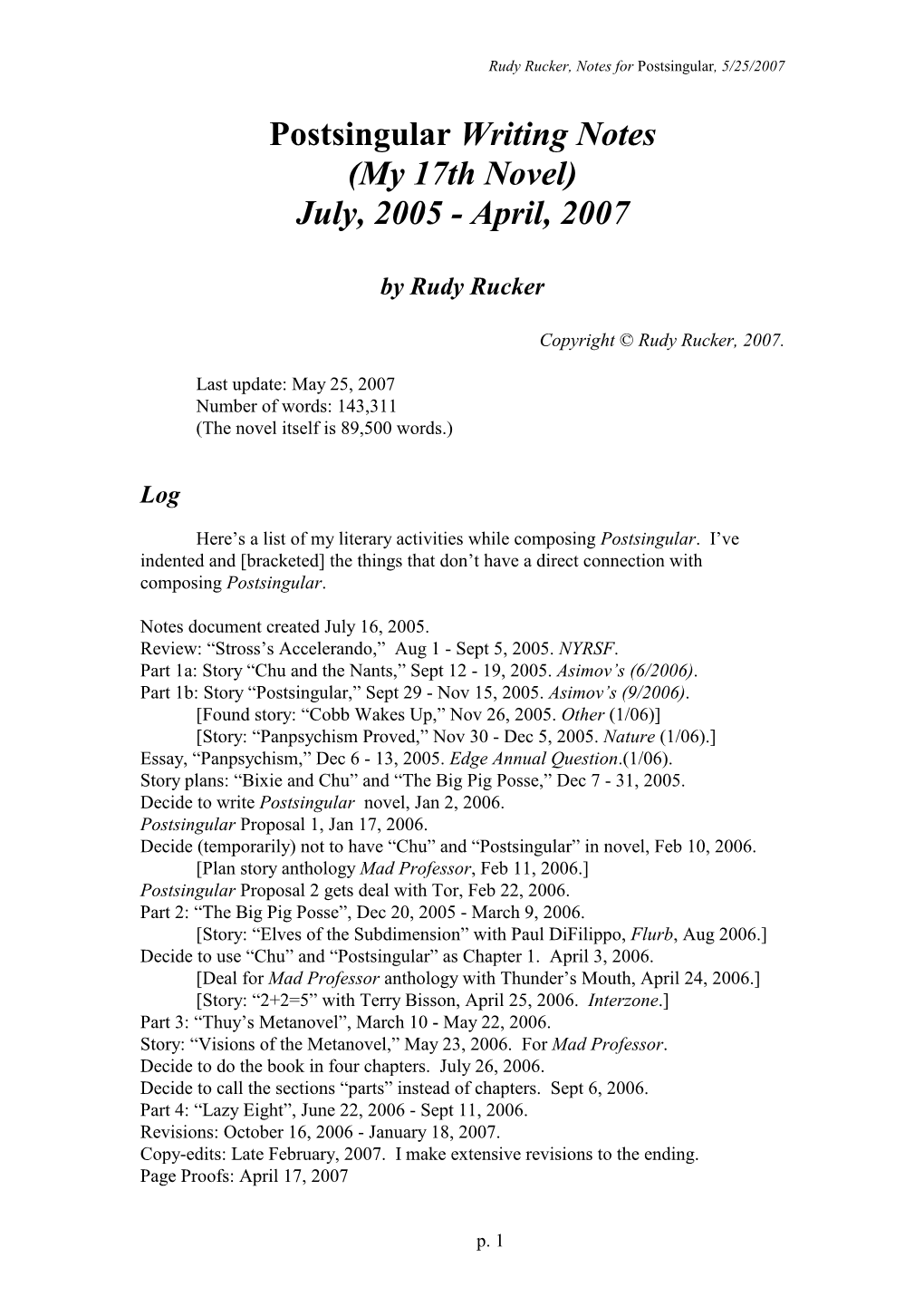 Notes for Postsingular, 5/25/2007