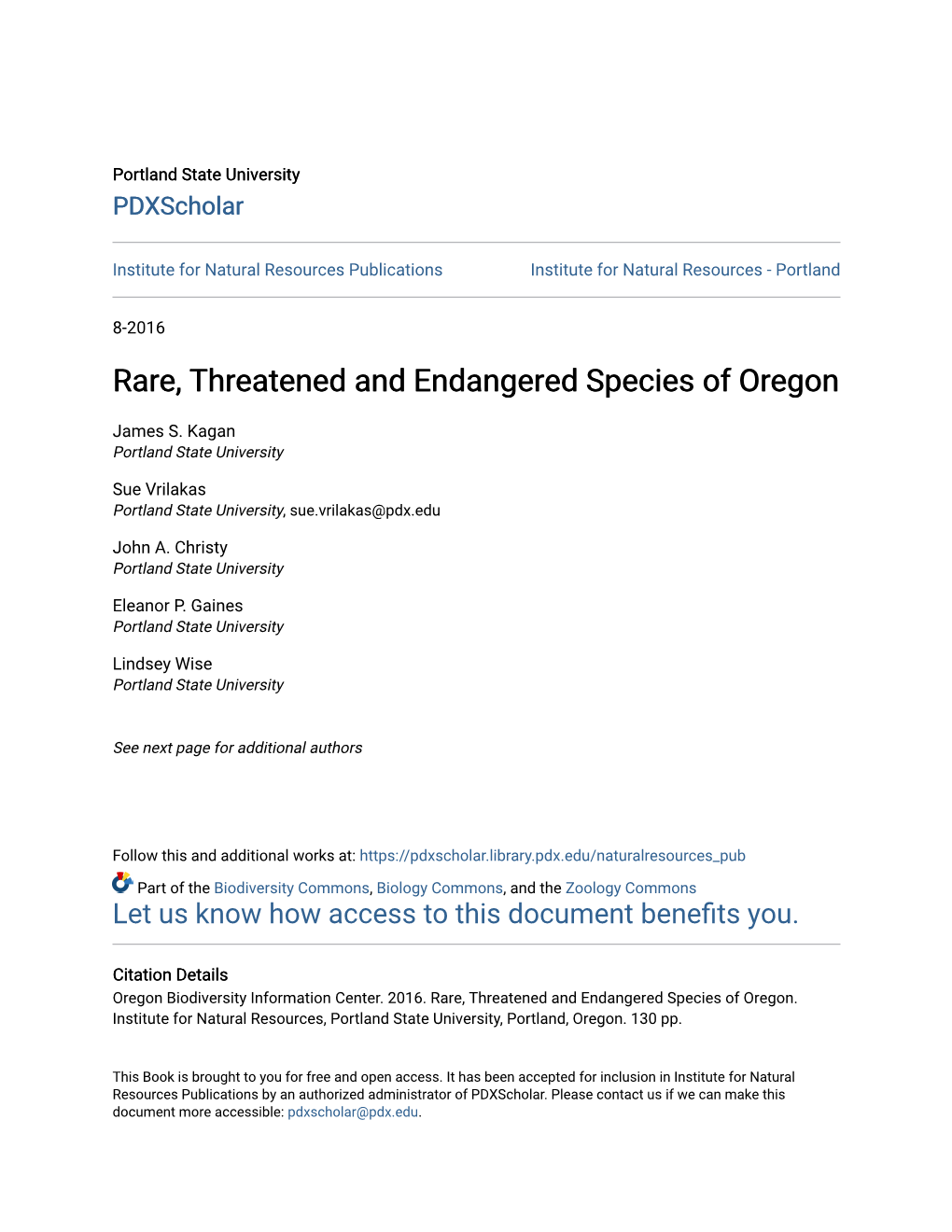 Rare, Threatened and Endangered Species of Oregon