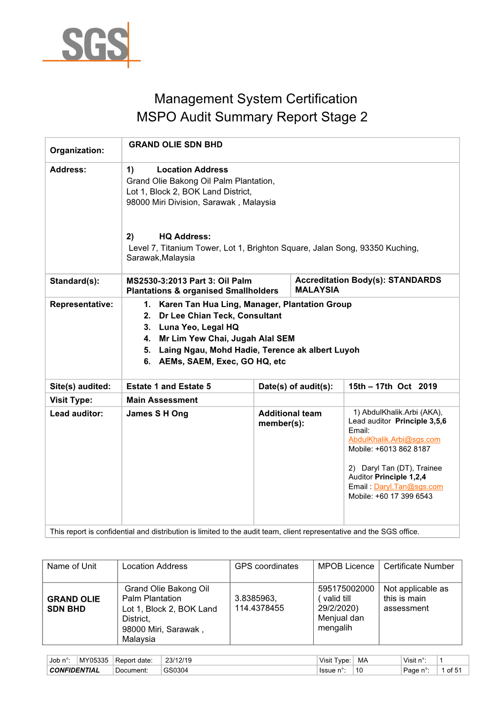 Management System Certification MSPO Audit Summary Report Stage 2