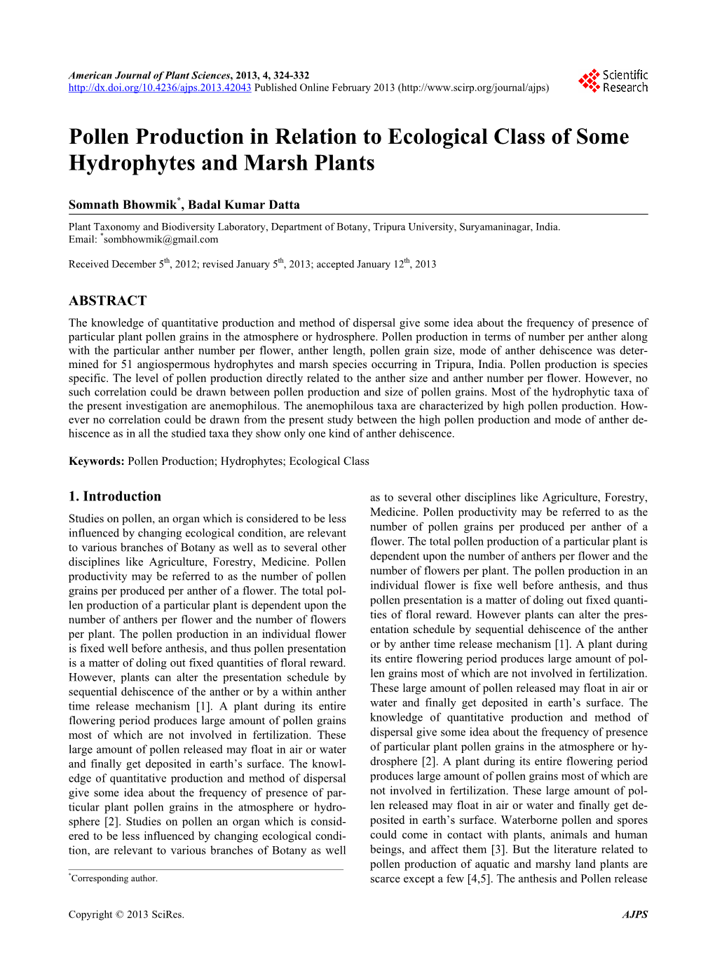 Pollen Production in Relation to Ecological Class of Some Hydrophytes and Marsh Plants