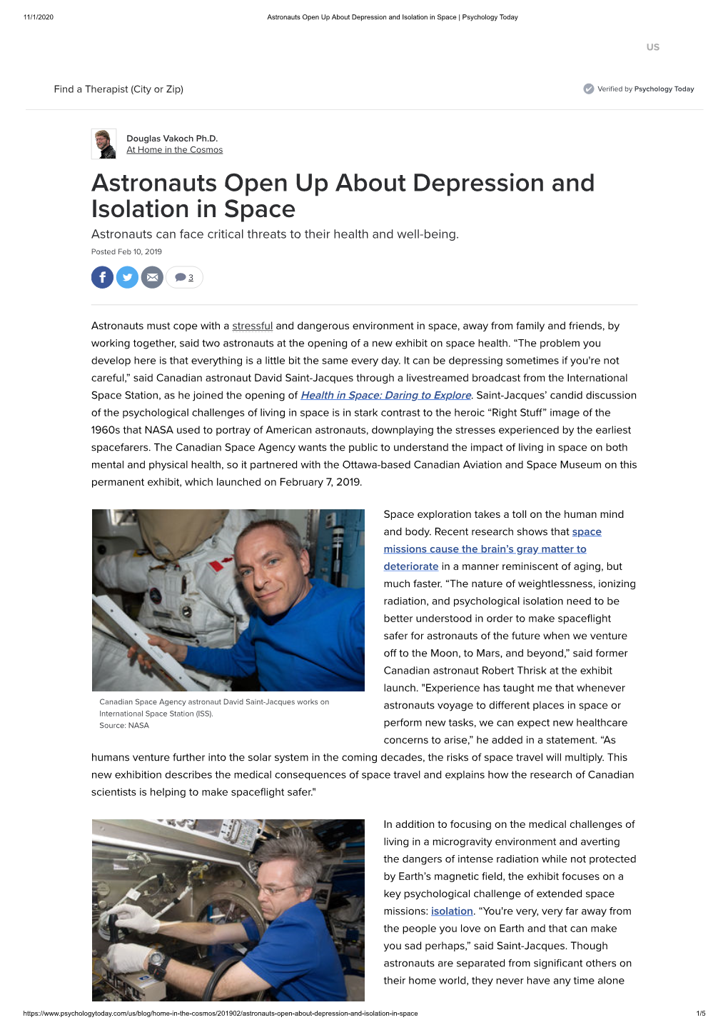 Astronauts Open up About Depression and Isolation in Space | Psychology Today