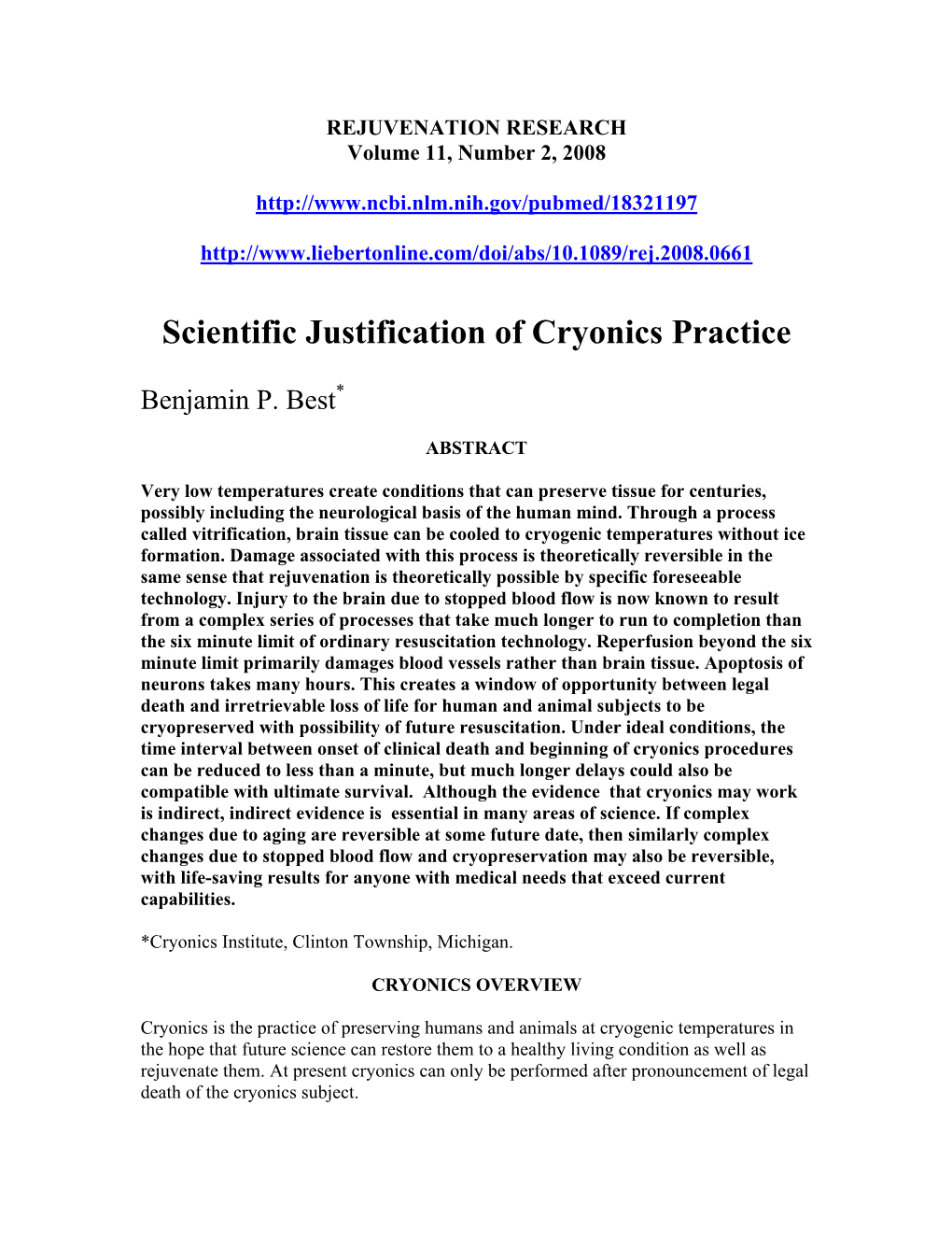 Scientific Justification of Cryonics Practice