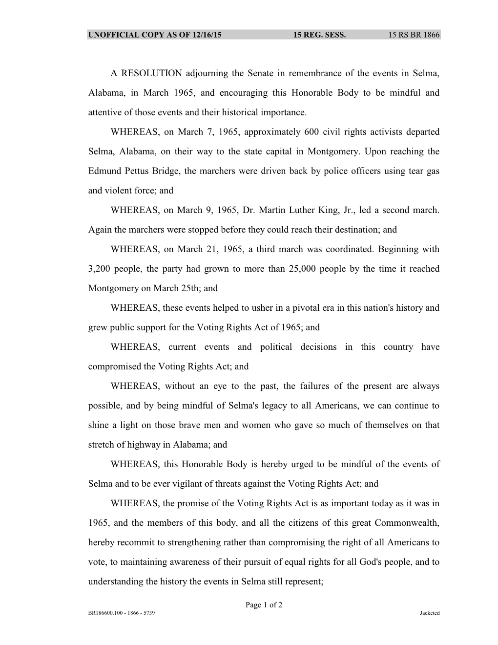 A RESOLUTION Adjourning the Senate in Remembrance of the Events in Selma, Alabama, in March 1965, and Encouraging This Honorable