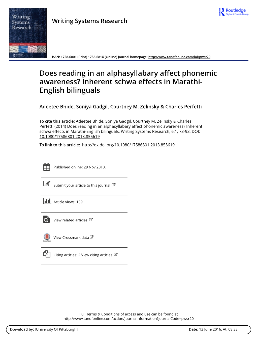 Does Reading in an Alphasyllabary Affect Phonemic Awareness? Inherent Schwa Effects in Marathi- English Bilinguals