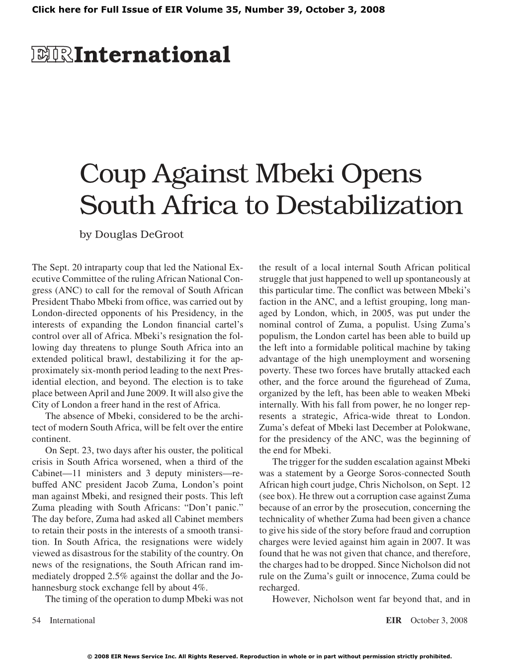 Coup Against Mbeki Opens South Africa to Destabilization by Douglas Degroot