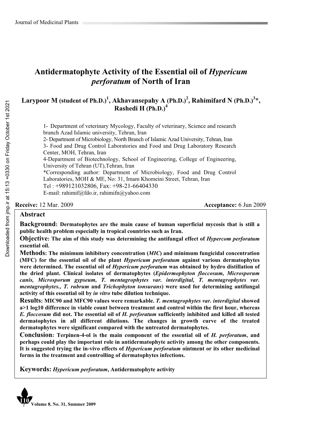 Antidermatophyte Activity of the Essential Oil of Hypericum Perforatum of North of Iran