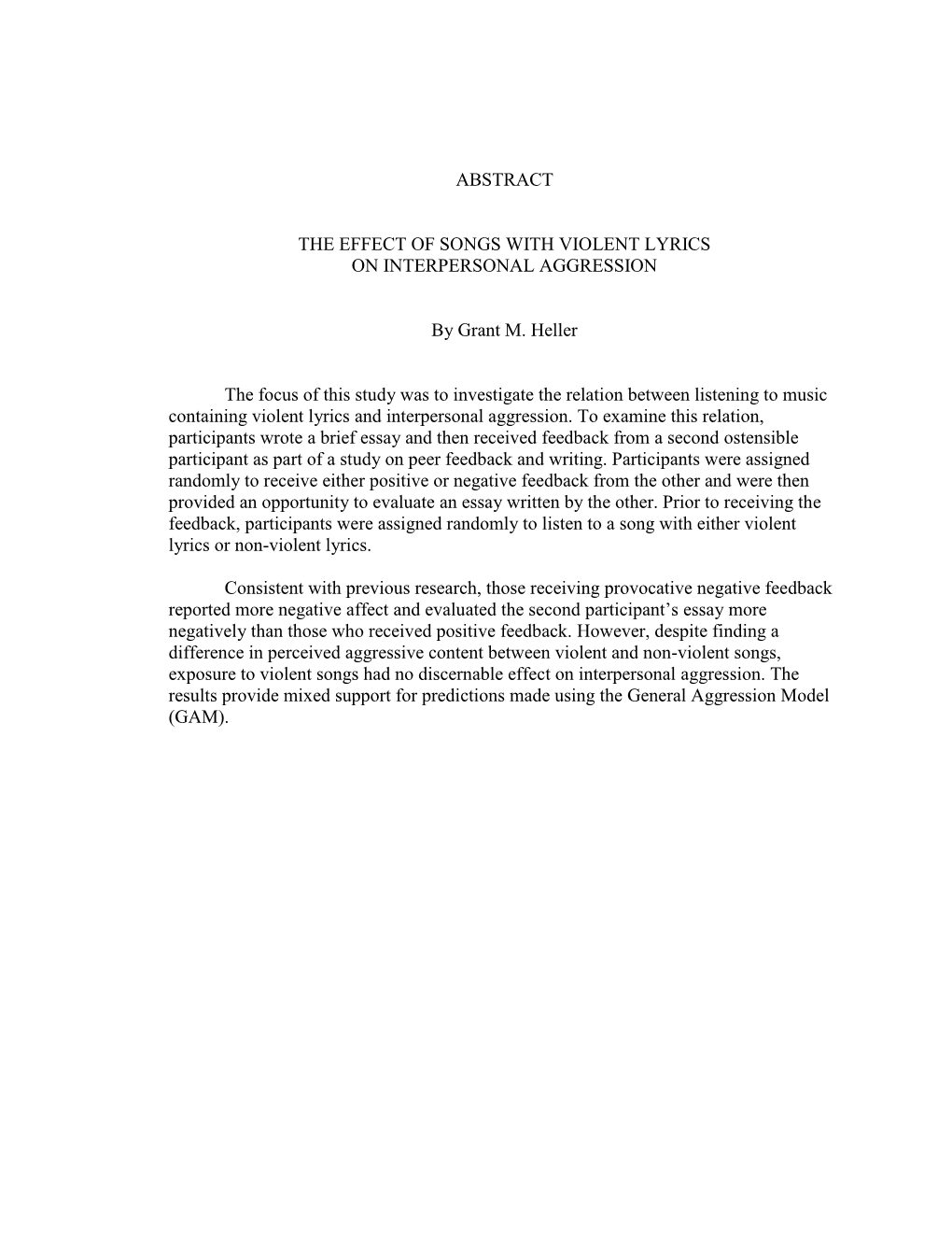 Abstract the Effect of Songs with Violent Lyrics On