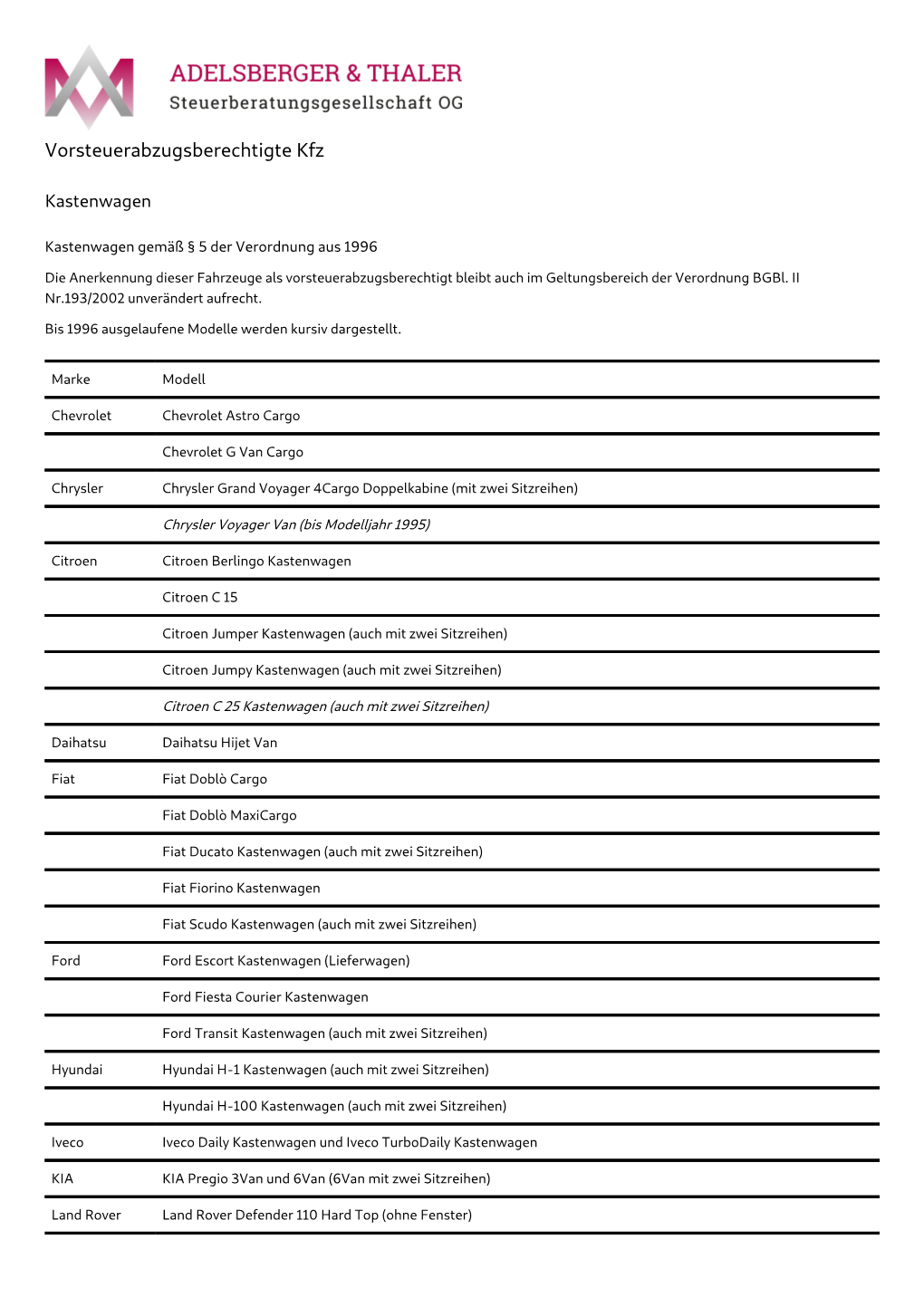 Vorsteuerabzugsberechtigte Kfz » Adelsberger & Thaler Steuerberatungsgesellschaft OG