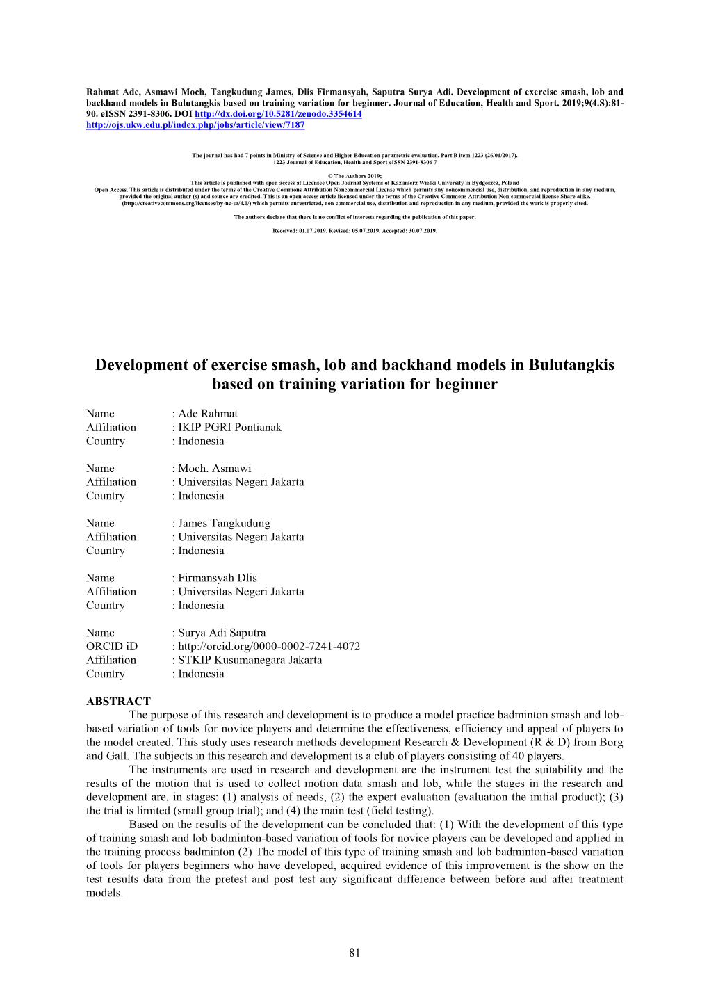 Development of Exercise Smash, Lob and Backhand Models in Bulutangkis Based on Training Variation for Beginner