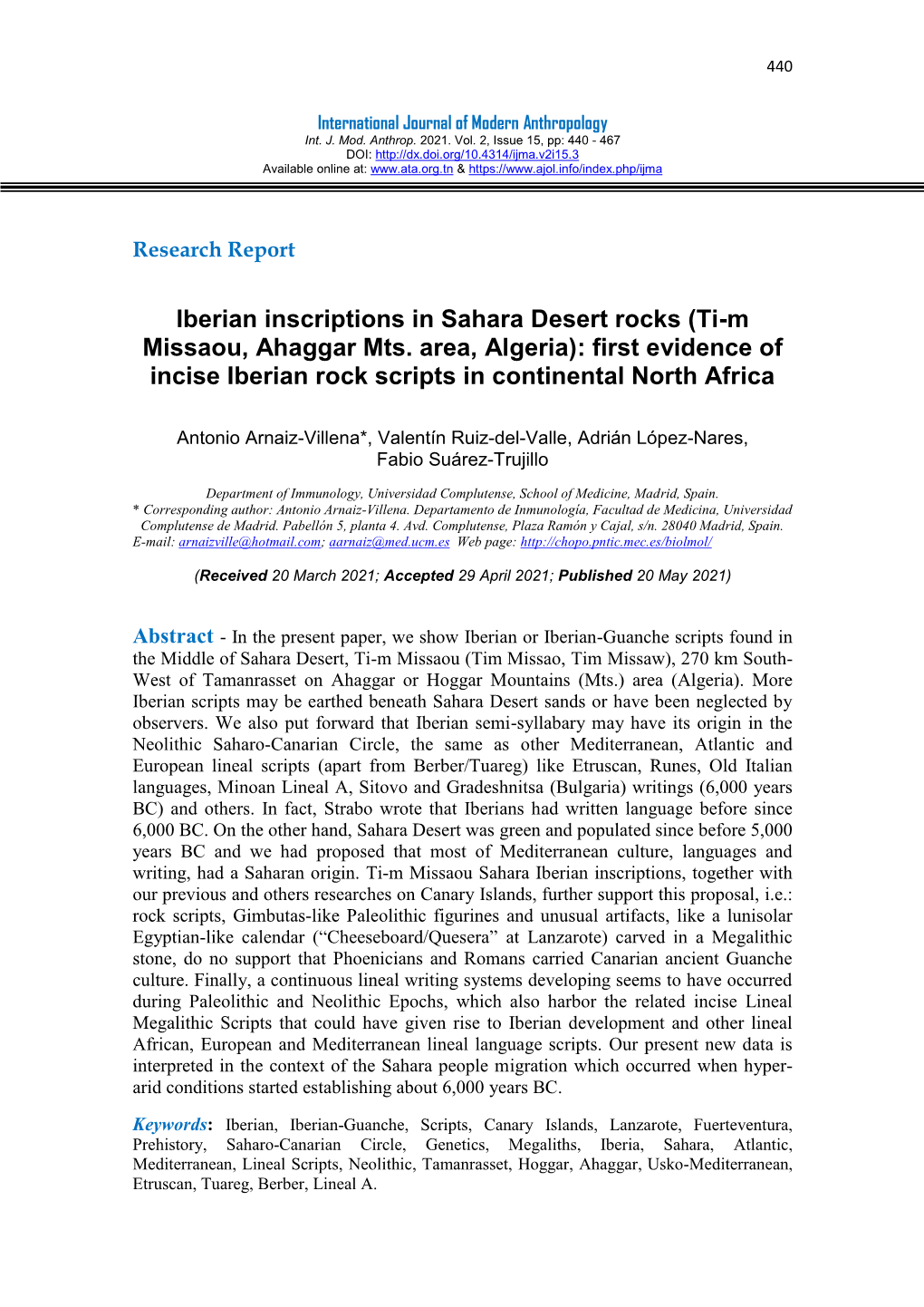 Iberian Inscriptions in Sahara Desert Rocks (Ti-M Missaou, Ahaggar Mts