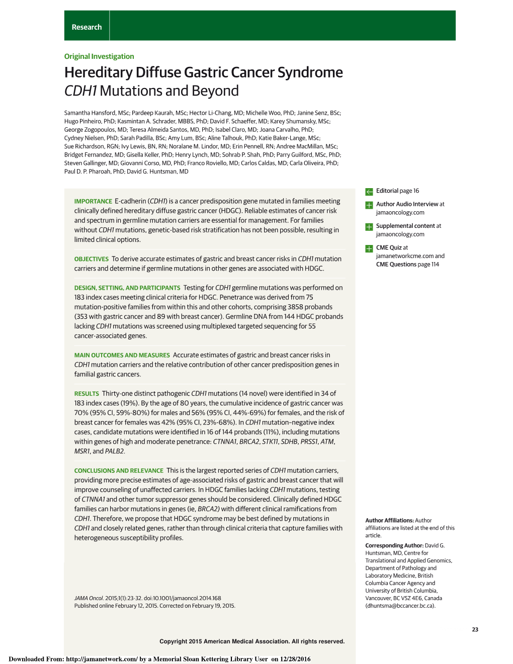 Hereditary Diffuse Gastric Cancer Syndrome CDH1 Mutations and Beyond