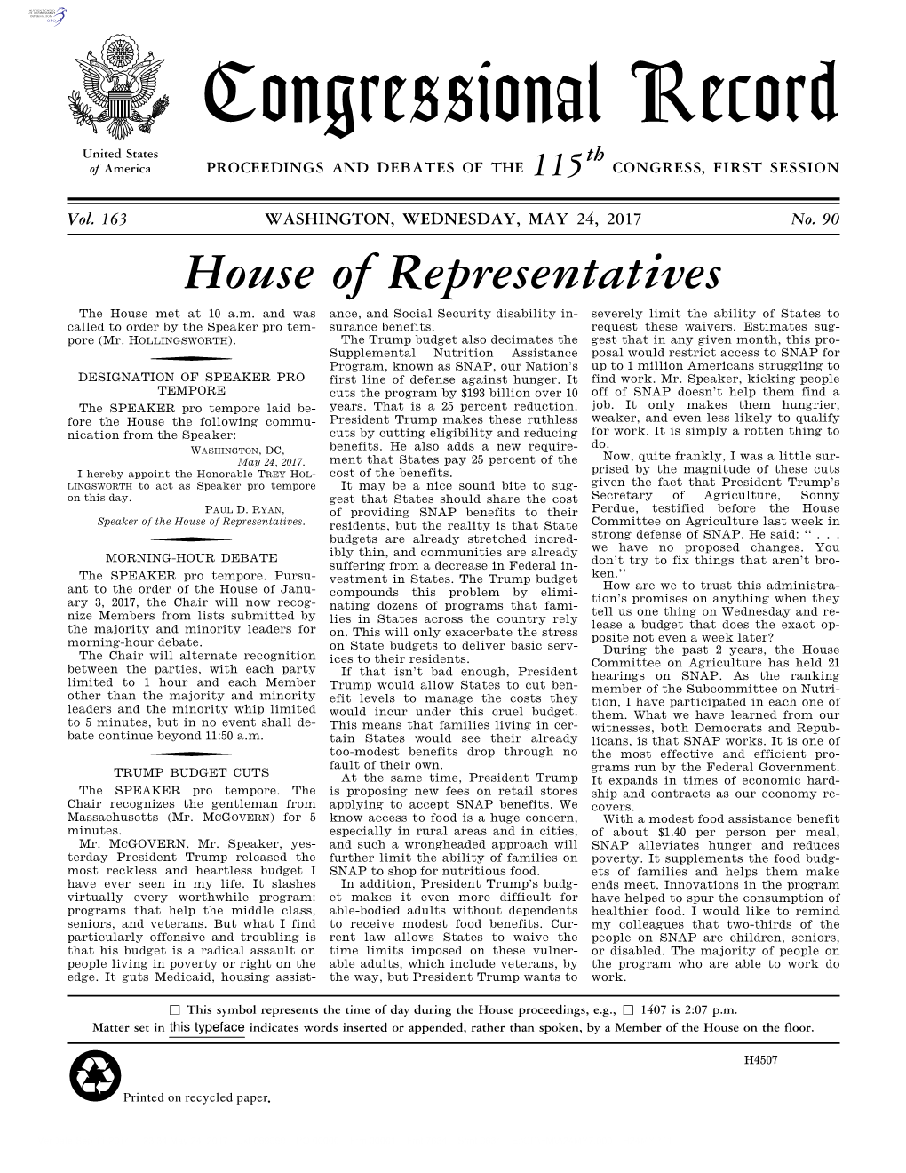 Congressional Record United States Th of America PROCEEDINGS and DEBATES of the 115 CONGRESS, FIRST SESSION