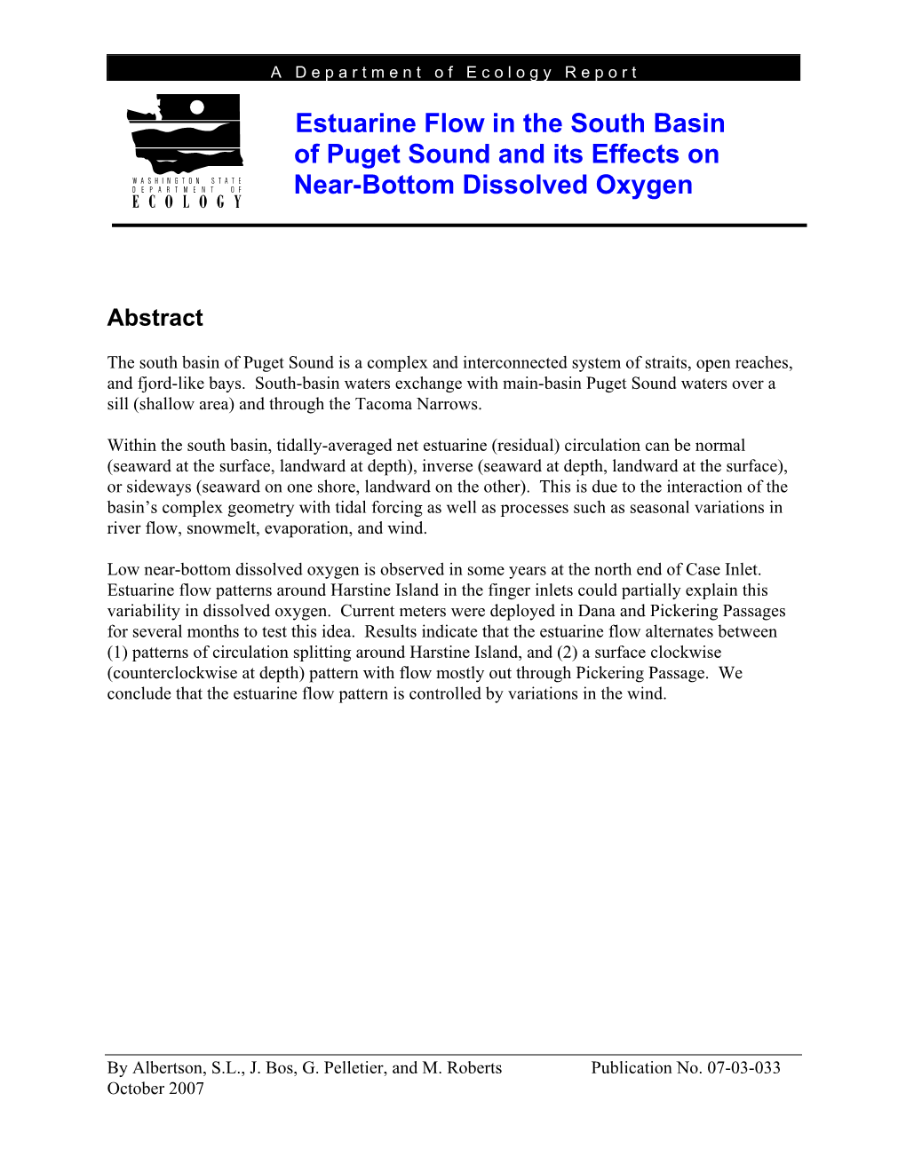 Estuarine Flow in the South Basin of Puget Sound and Its Effects on Near-Bottom Dissolved Oxygen