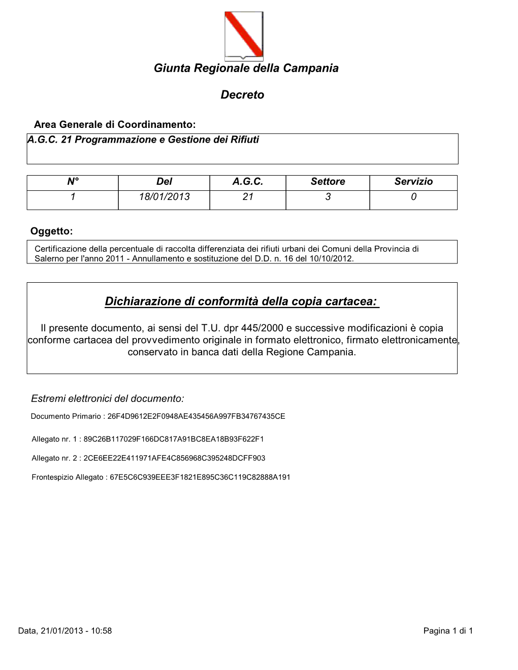 Certificazione Della Percentuale Di Raccolta Differenziata Dei Rifiuti