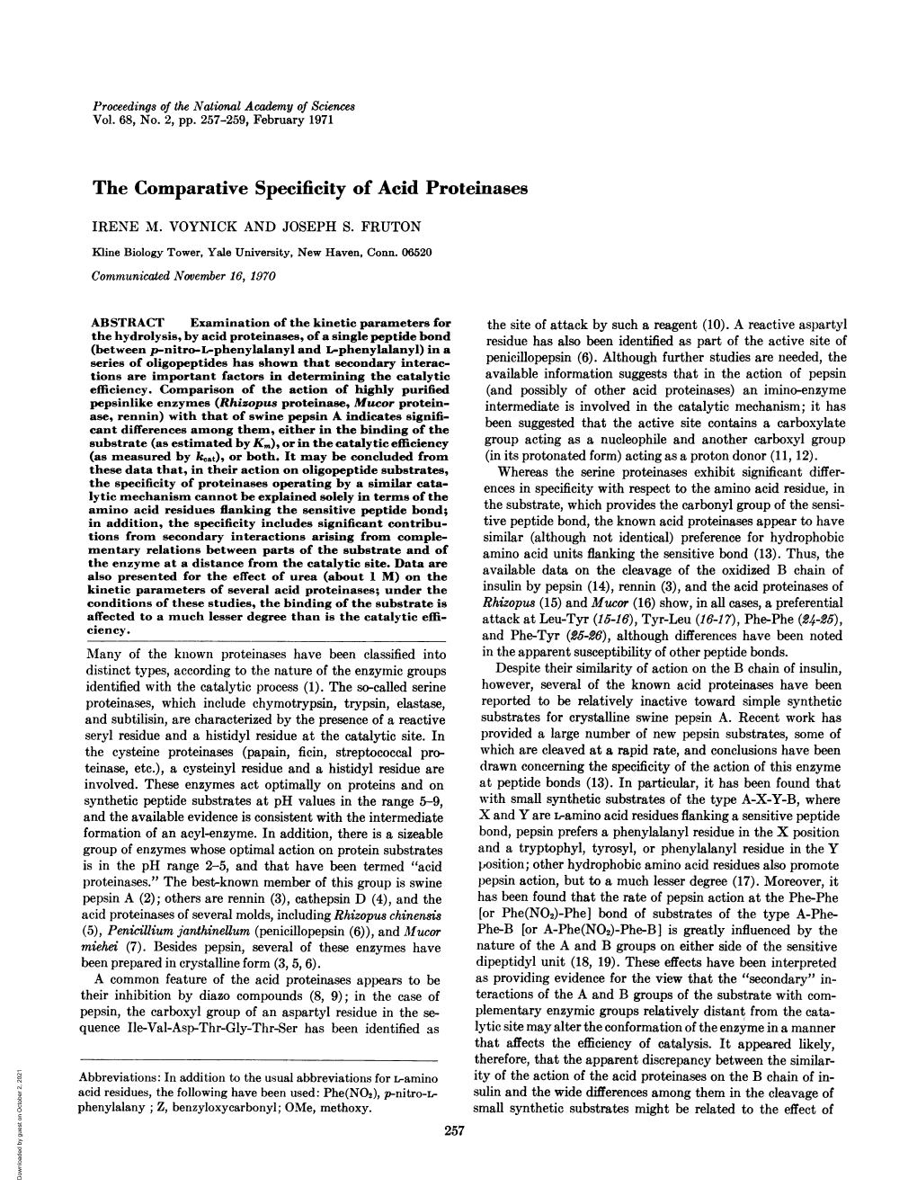 The Comparative Specificity of Acid Proteinases