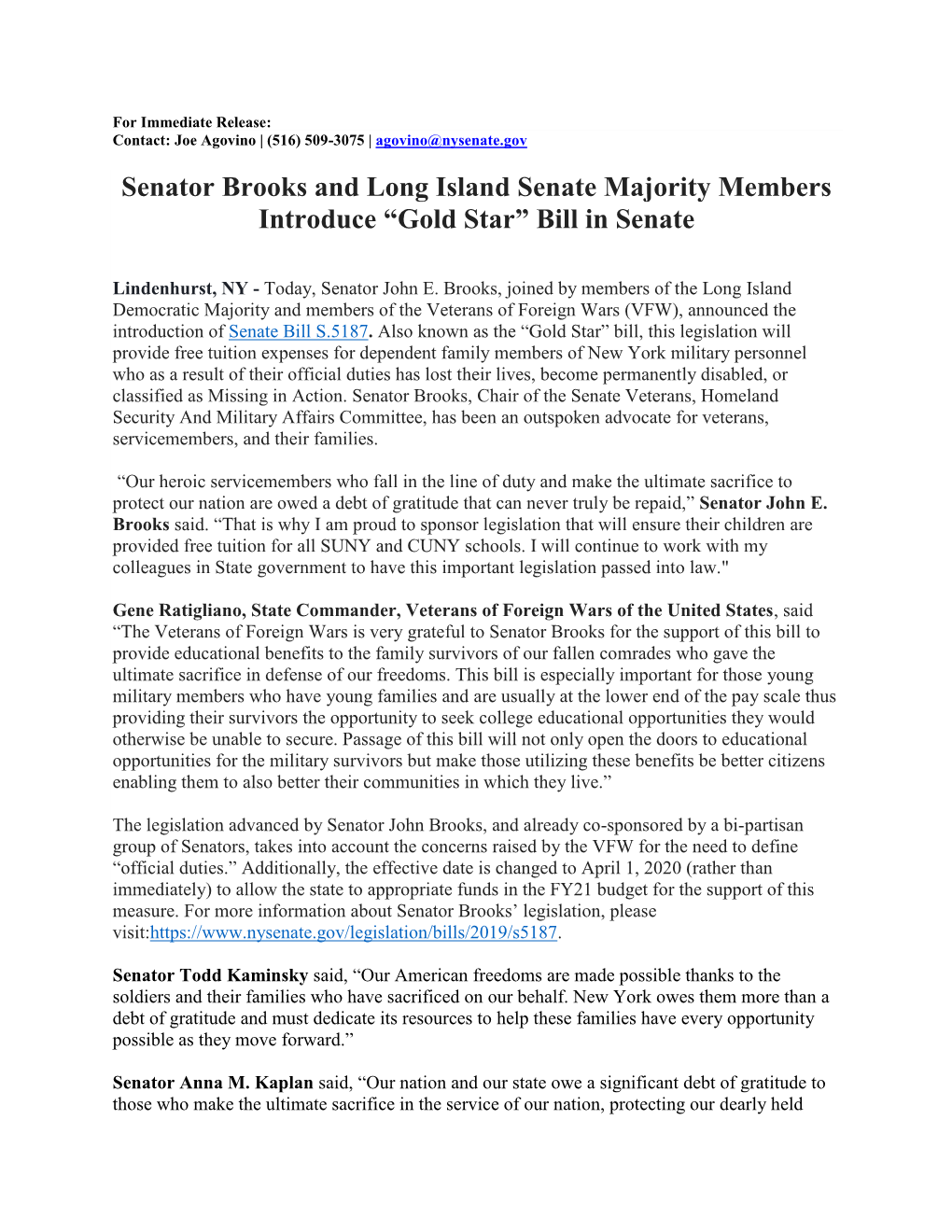 Senator Brooks and Long Island Senate Majority Members Introduce “Gold Star” Bill in Senate