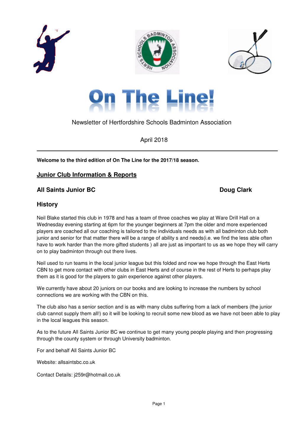 Newsletter of Hertfordshire Schools Badminton Association April 2018
