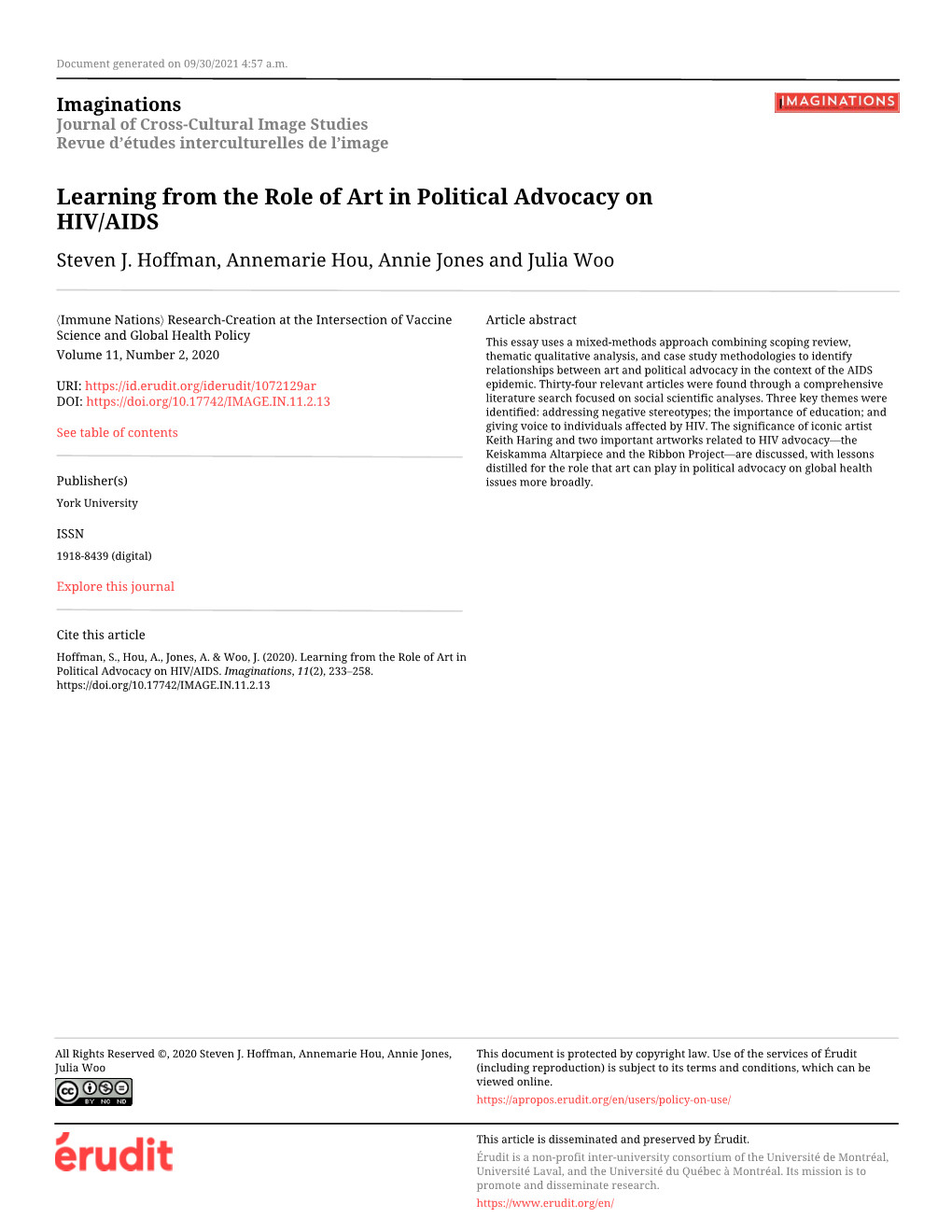 Learning from the Role of Art in Political Advocacy on HIV/AIDS Steven J