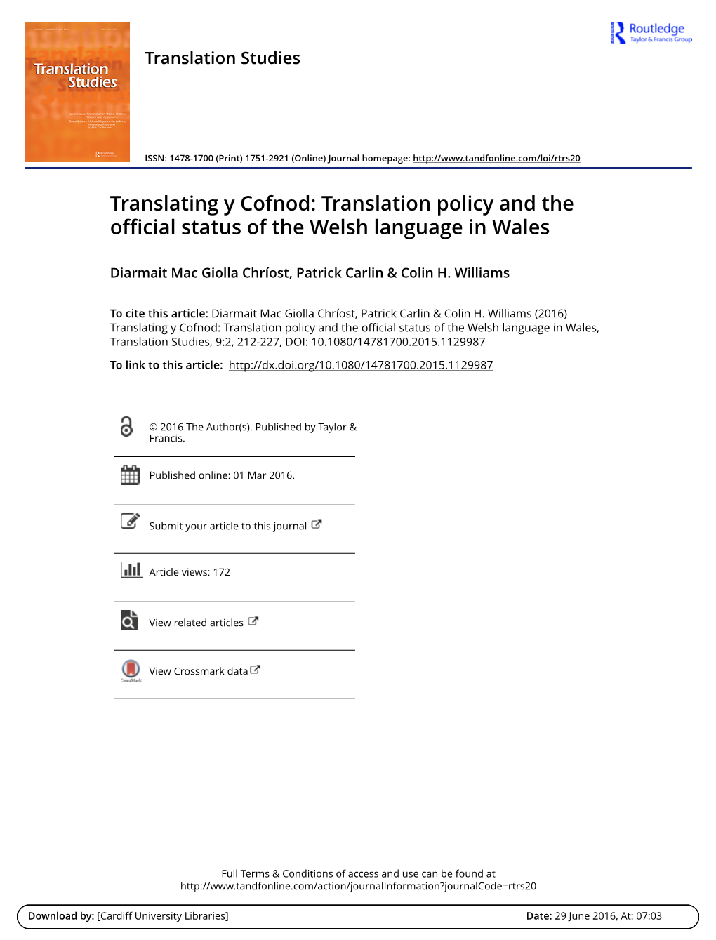 Translation Policy and the Official Status of the Welsh Language in Wales