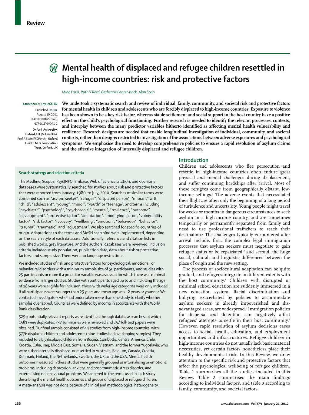 Mental Health of Displaced and Refugee Children Resettled in High-Income Countries: Risk and Protective Factors