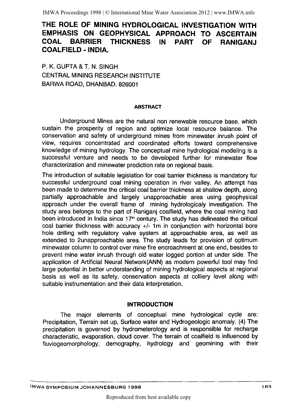 The Role of Mining Hydrological Investigation with Emphasis on Geophysical Approach to Ascertain Coal Barrier Thickness in Part of Raniganj Coalfield - India