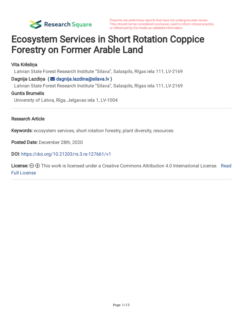 Ecosystem Services in Short Rotation Coppice Forestry on Former Arable Land