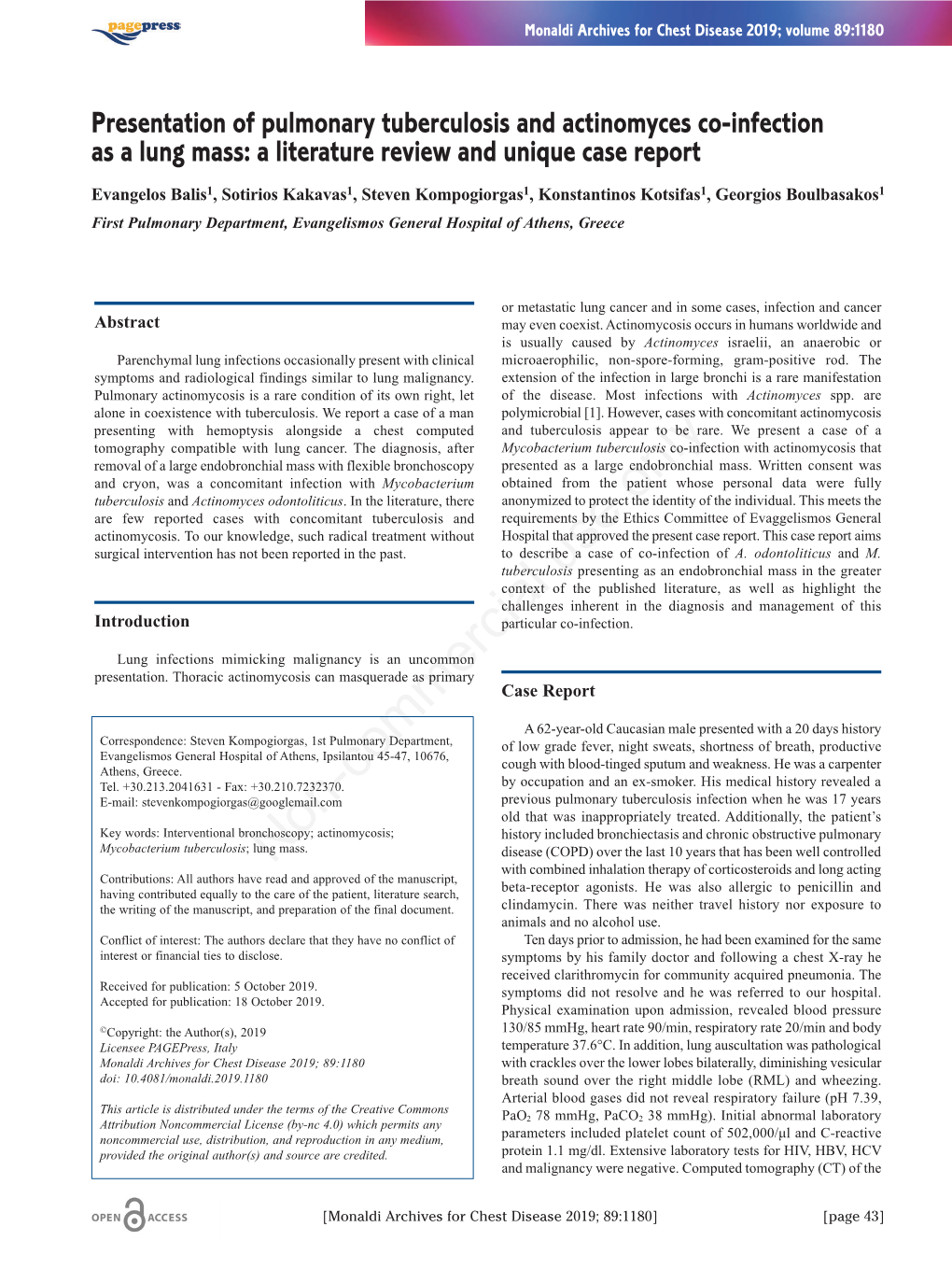 Presentation of Pulmonary Tuberculosis and Actinomyces Co-Infection As a Lung Mass: a Literature Review and Unique Case Report