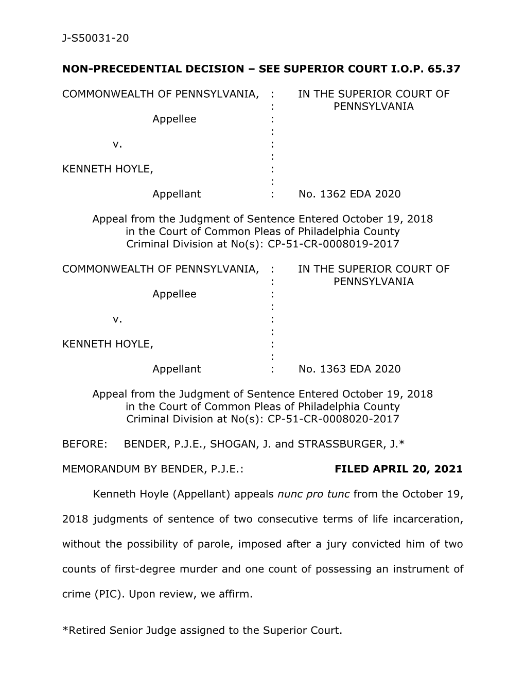 J-S50031-20 *Retired Senior Judge Assigned to the Superior Court