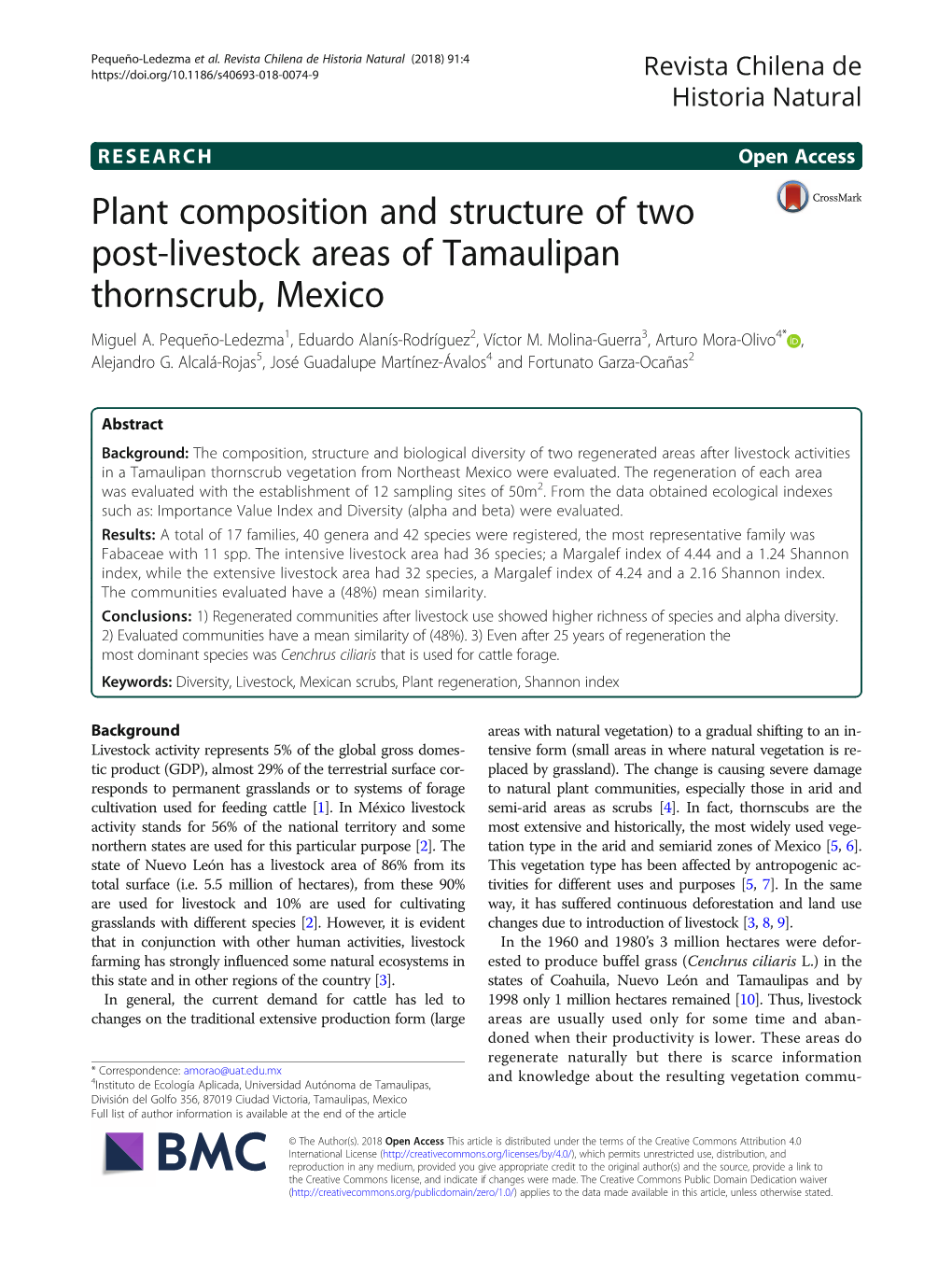 Plant Composition and Structure of Two Post-Livestock Areas of Tamaulipan Thornscrub, Mexico Miguel A